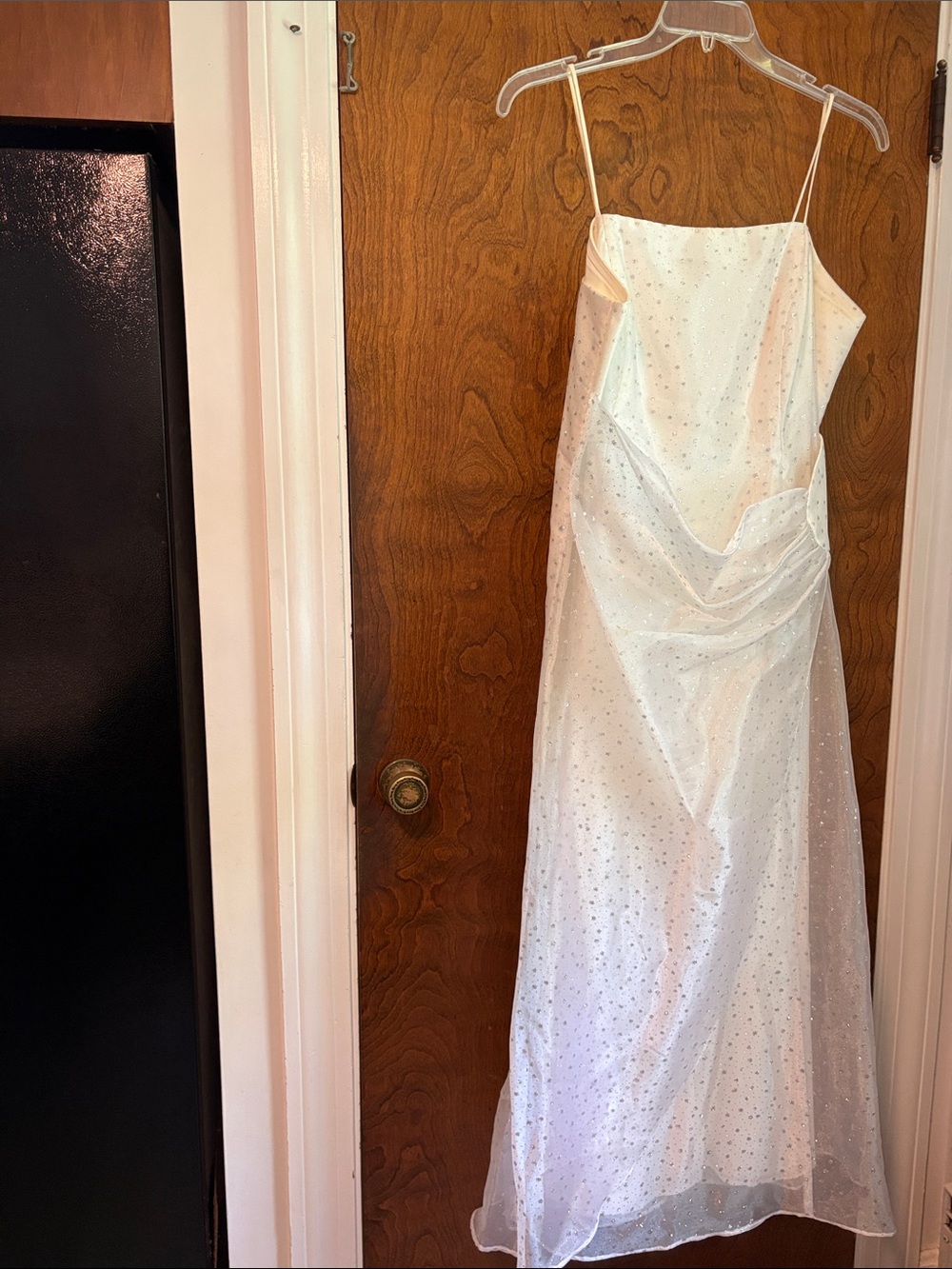 Betsy & Adam White Sparkle Spaghetti Strap Evening Dress